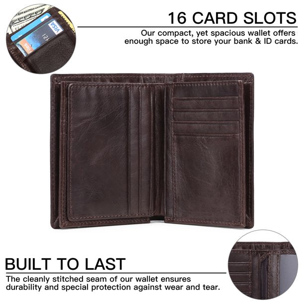 Wallets for Men Large Capacity Genuine Leather RFID Minimalist Bifold Wallet Card Holder, Coffee