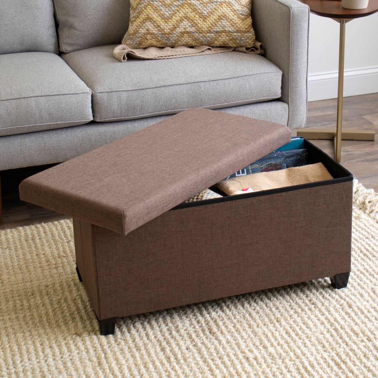 Rectangular Brown Storage Fabric Ottoman Bench