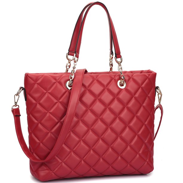 Women's Handbag Faux Leather Quilted Tote Bag Shoulder Bag w/ Chained Handle-Red