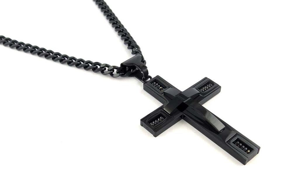 Mens All Black Ion Plated Cross Necklace