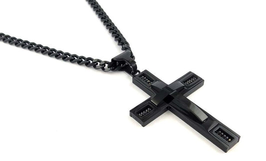 Mens All Black Ion Plated Cross Necklace