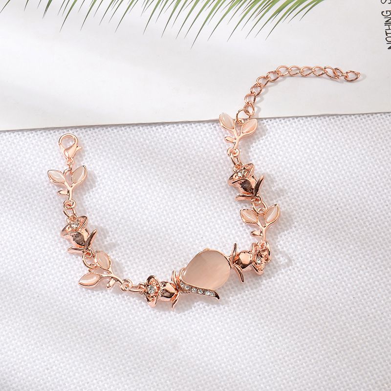 Pink Flash Opal Leaf Rose Bracelet for Women