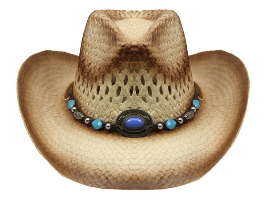 Tea Stain Straw COWBOY HAT for Women w/ Turquoise Blue Beads