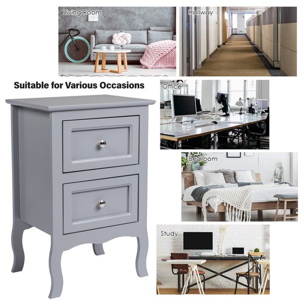 Set of 2 Nightstand Bedroom Bedside Table with Drawers Storage, Country Style Night End Table with Mental Handle, Gray