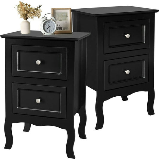 Set of 2 Nightstand Bedroom Bedside Table w/ Drawers Storage, Country Style w/ Metal Handle, Black