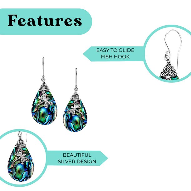 Dragonfly Dangle Drop Earrings Abalone Shell Sterling Silver for Women