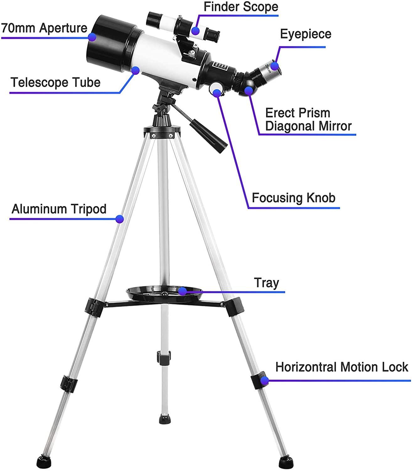 Telescope for Kids Beginners Adults, 70mm Refractor Telescope / Adjustable Tripod