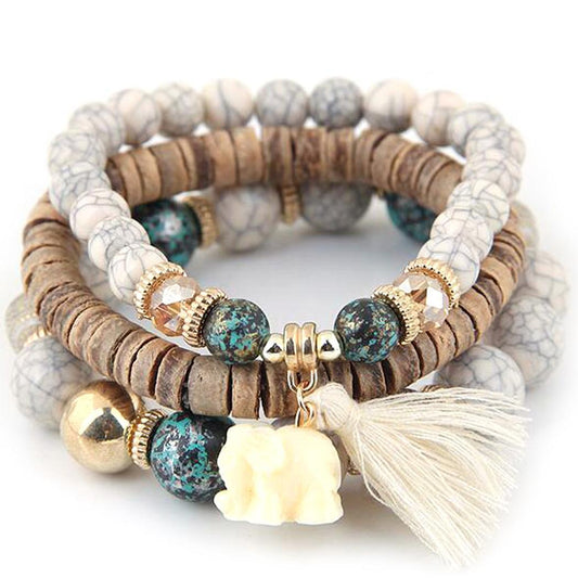 Women Wood Beads Bracelets Boho Small Elephant Charm