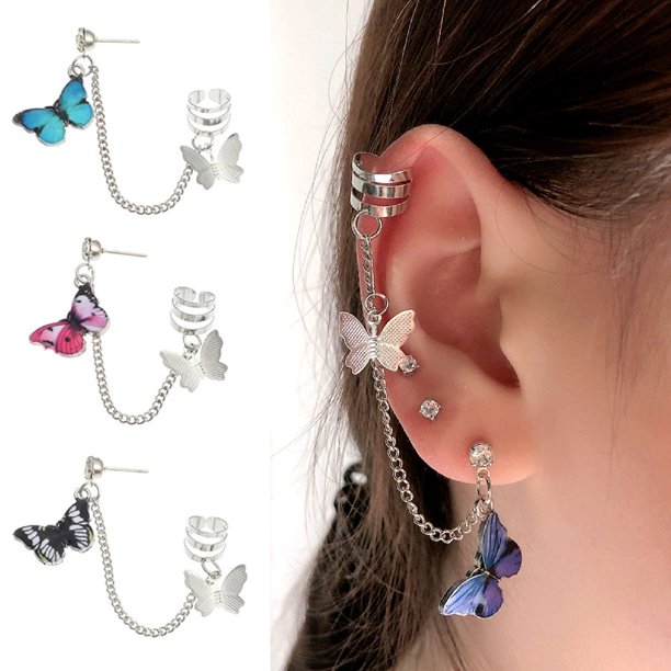 Purple Women Earring,1 Pack Punk Butterfly Dangle Ear Cuff Clip Chain Stud Earring Party Jewelry