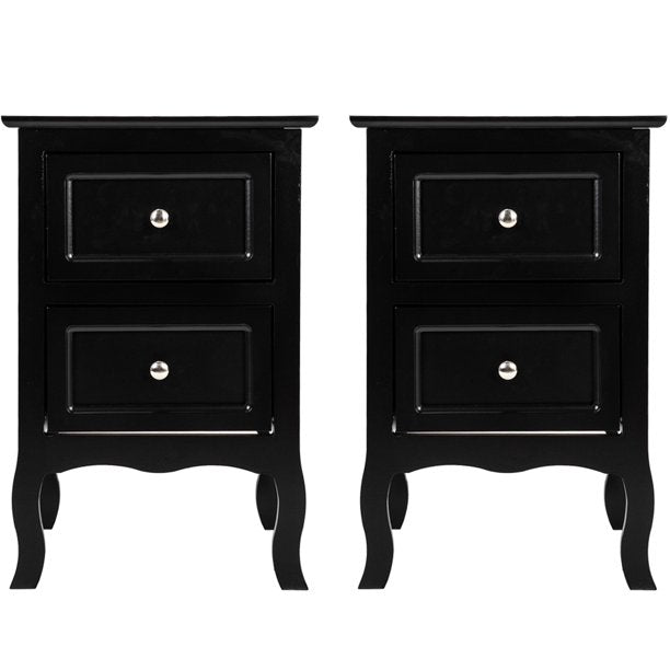 Set of 2 Nightstand Bedroom Bedside Table w/ Drawers Storage, Country Style w/ Metal Handle, Black