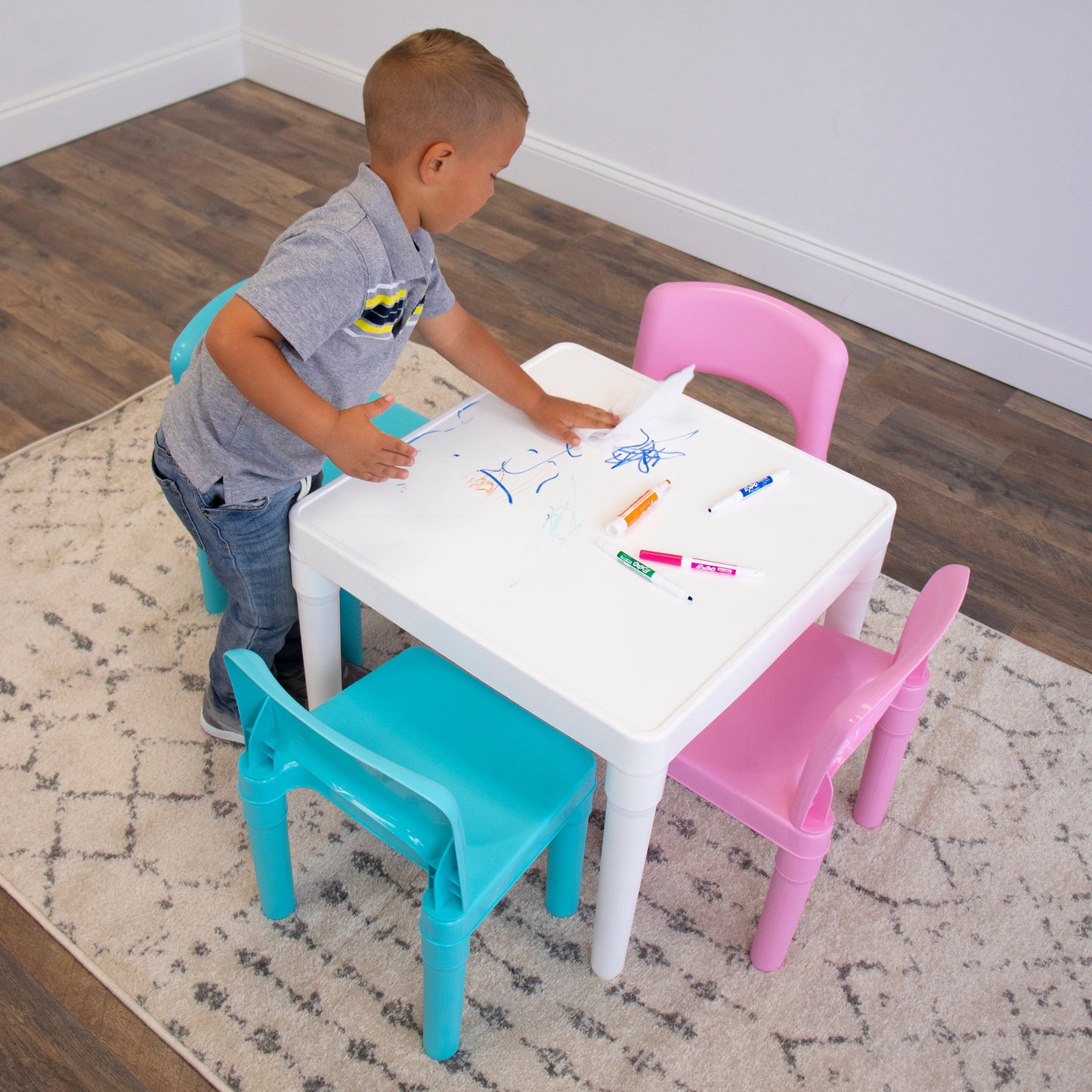 5-Piece Plastic Dry-Erase Table & Chair Set with Eraser