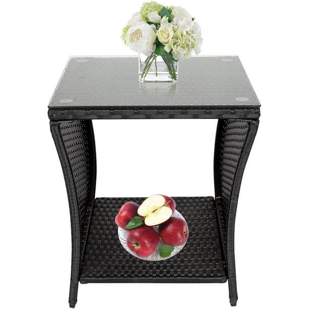 Wicker Porch Square Side Table With Storage, Black