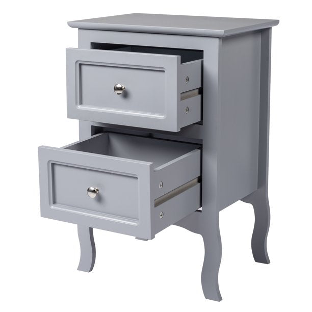 Set of 2 Nightstand Bedroom Bedside Table with Drawers Storage, Country Style Night End Table with Mental Handle, Gray