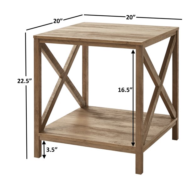 Farmhouse X Design Square Side Table with Storage, Rustic Weathered Oak