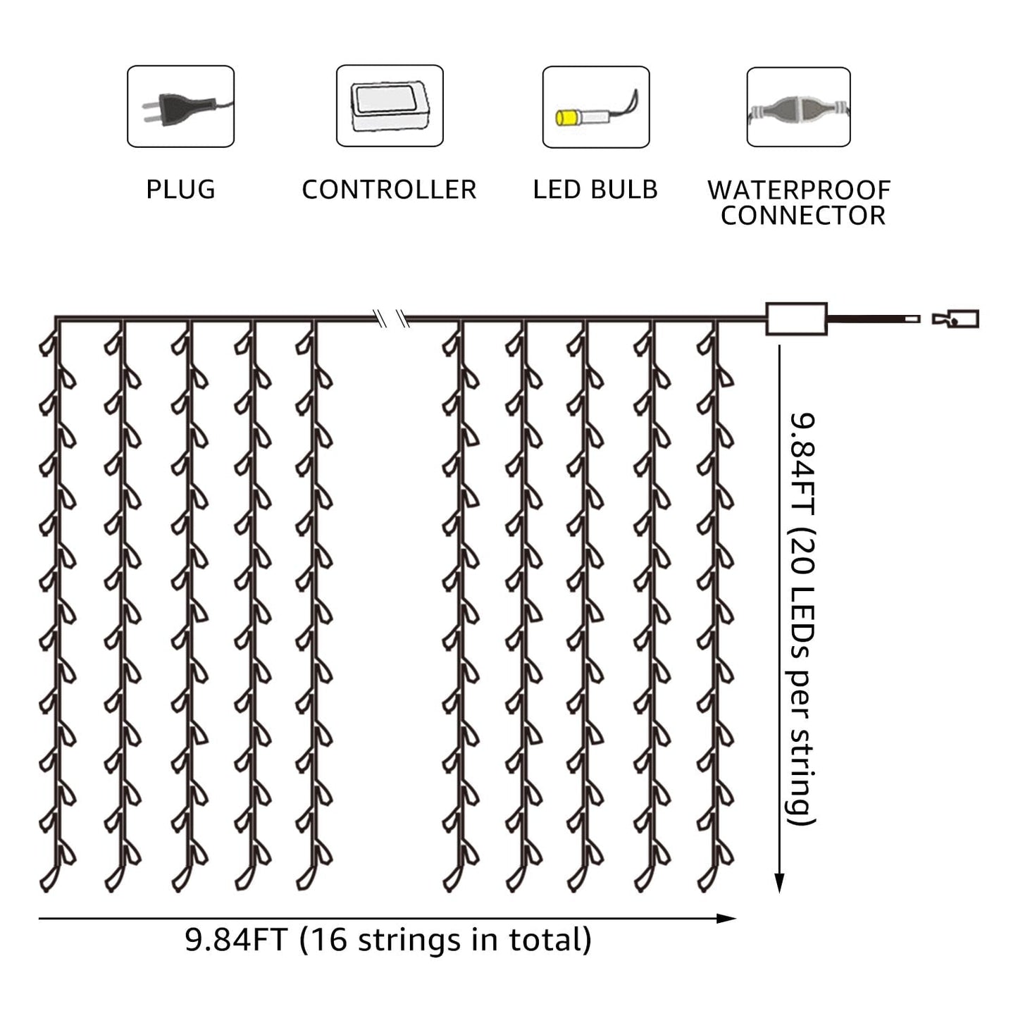 320 LED 9.8FT × 9.8FT Window Curtain String Light, Warm White