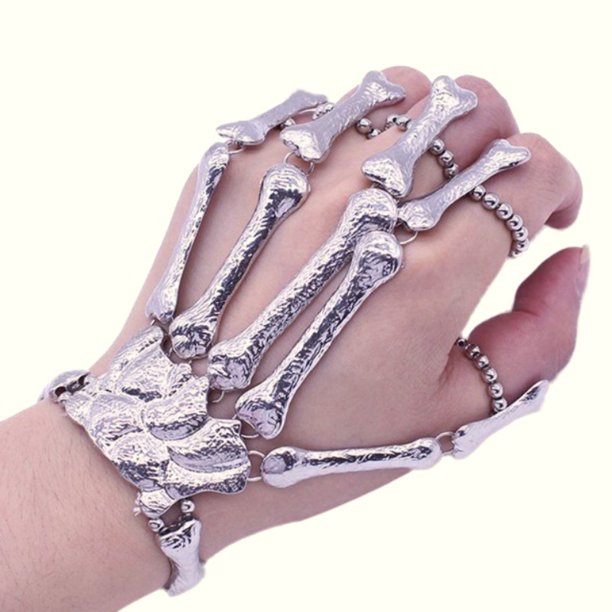 Women Metal Hand Chain Skeleton Skull Bracelet Ladies Punk Style Gothic Rock Fingers Ring