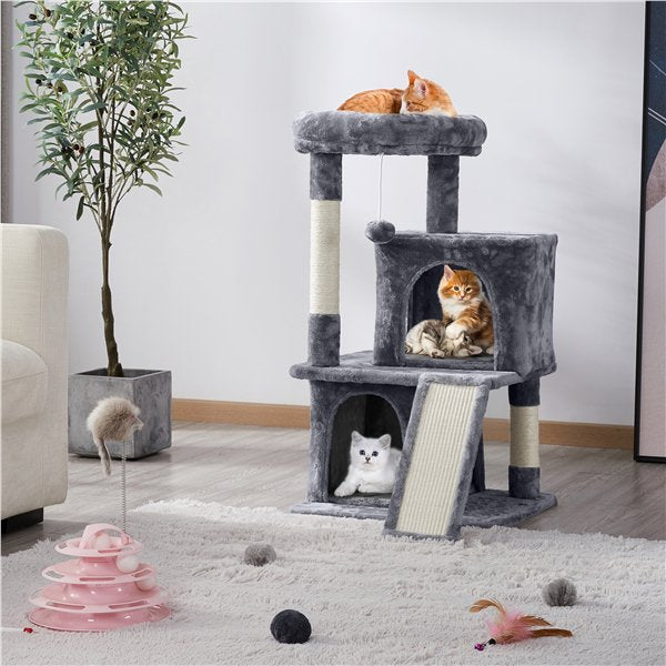 36'' H Cat Tree Tower Cat House with Double Condos Scratching Posts Sisal Rope Furry Ball for Cats and Kittens, Dark Gray