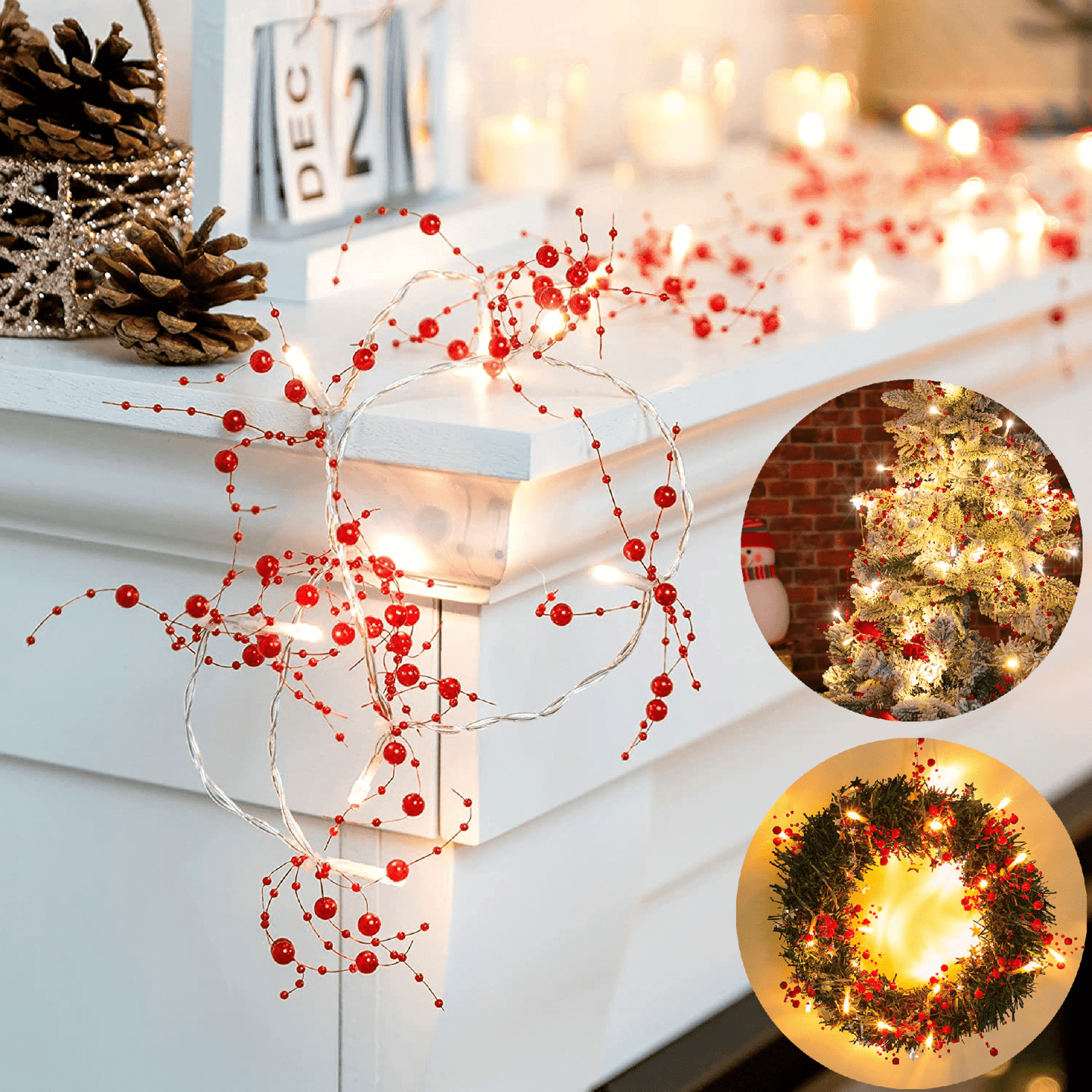 30 LEDs Lighted Berry Beaded Garland Fairy Light Christmas Decoration