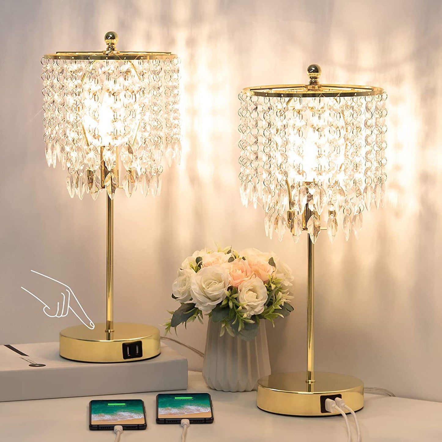 Crystal Touch Control Table Lamp w/ 2 USB Charging Ports