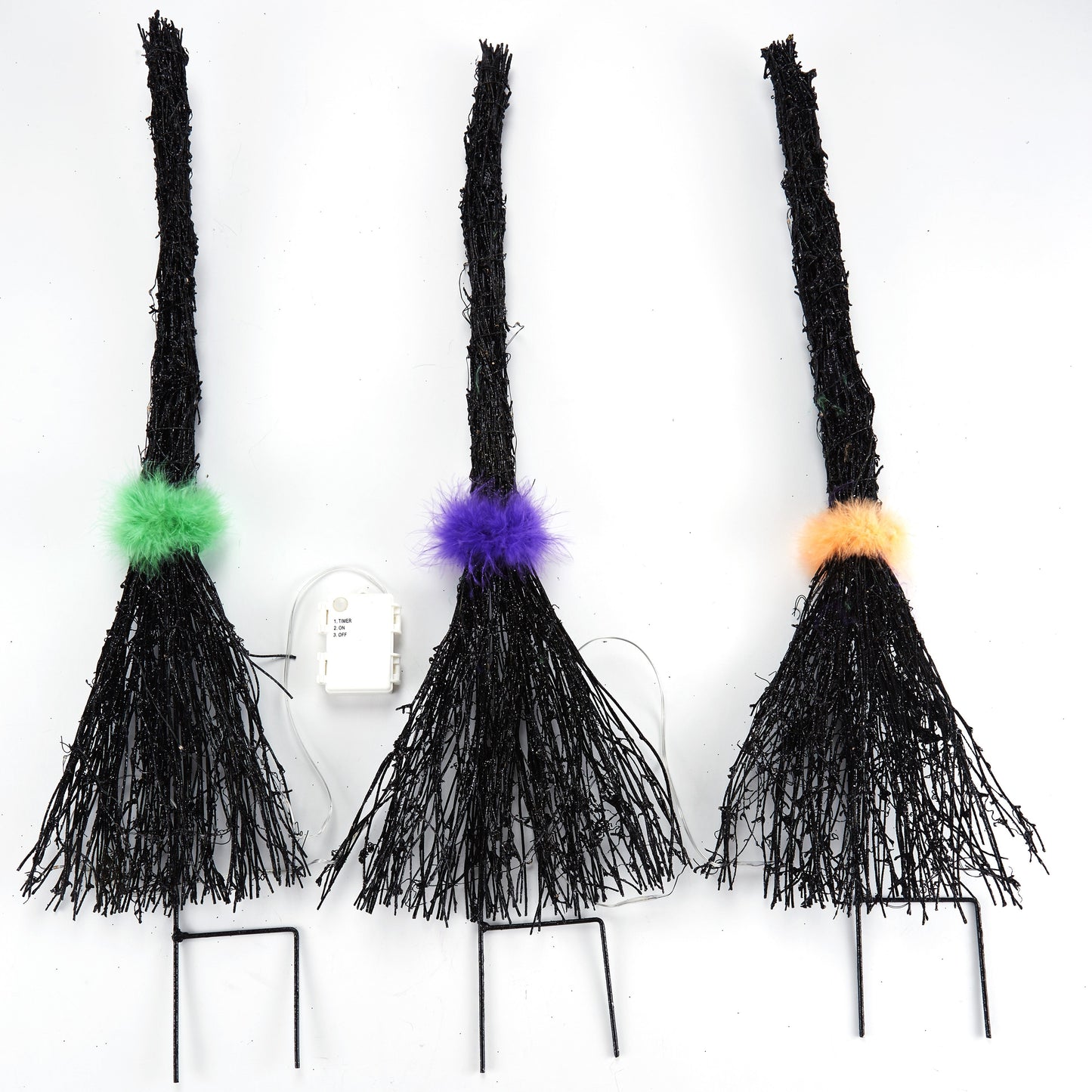 Lighted Halloween Witches Brooms Garden Stakes - Set of 3