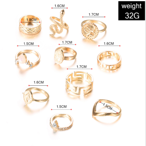 10 Pcs Gold Snake Knuckle Ring,Boho Rhinestone for Women