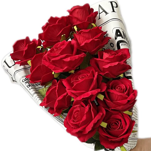 12 Pcs Artificial Rose Flowers Red Blossom Rose Flowers w/ Stem Rose Bouquets, Red B