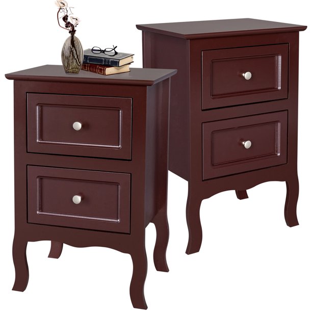 Set of 2 Nightstand Bedroom Bedside Table w/ Drawers Storage, Country Style Night End Table w/ Handle Brown