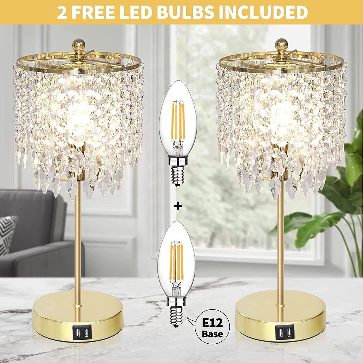 Crystal Touch Control Table Lamp w/ 2 USB Charging Ports