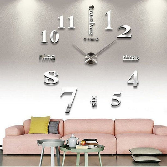 DIY Frameless Large Wall Clock 3D Sticker Modern Mute Mirror Surface Home Office Decoration Gift, Silver