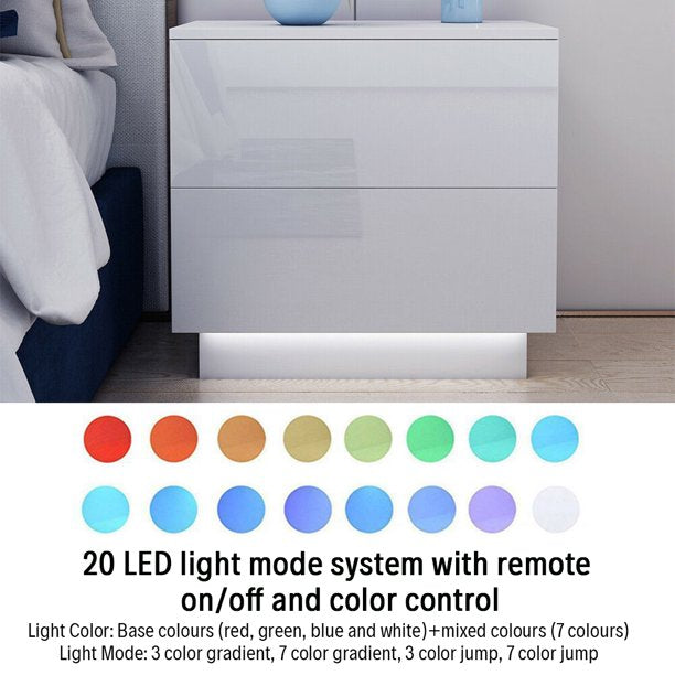 1/2 Pieces LED Nightstand 2 Drawers Bedside End Table w/ Remote RGB LED Light, High Gloss Wooden