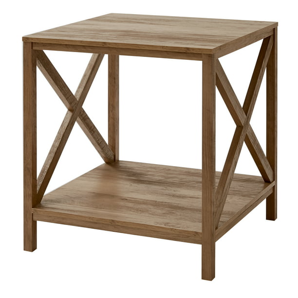 Farmhouse X Design Square Side Table with Storage, Rustic Weathered Oak