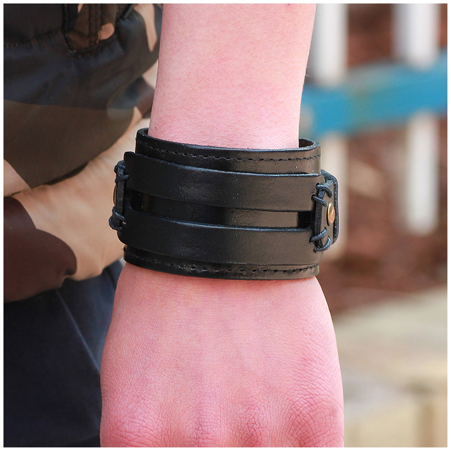 Men's Punk Rock Leather Wide Cuff Wristband Bracelet