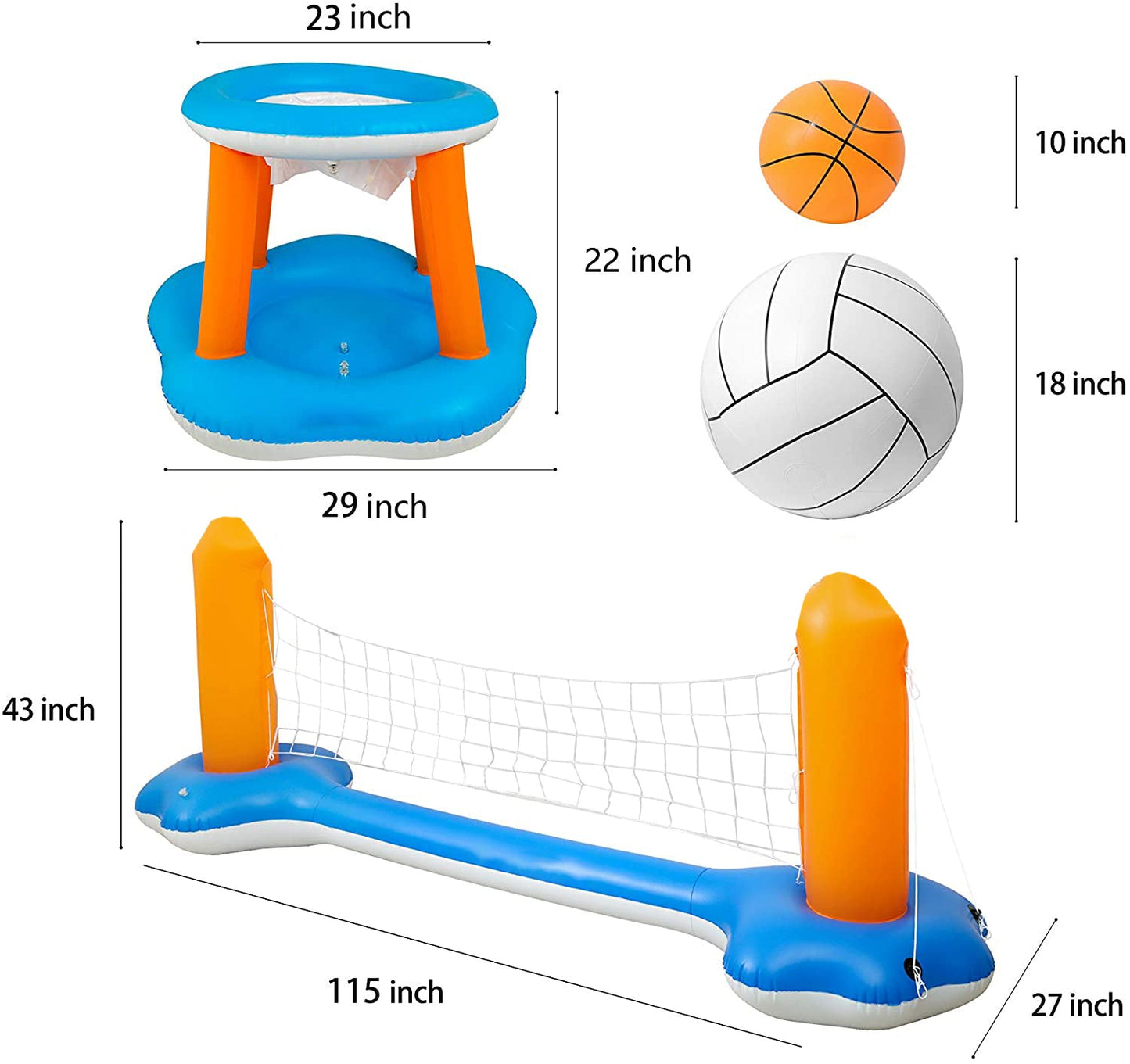 Inflatable Pool Float Set Volleyball Net & Basketball Hoops