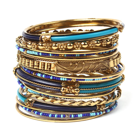 Monaco 18-pc Brass and Beaded Bangle Set, Blue/Turquoise