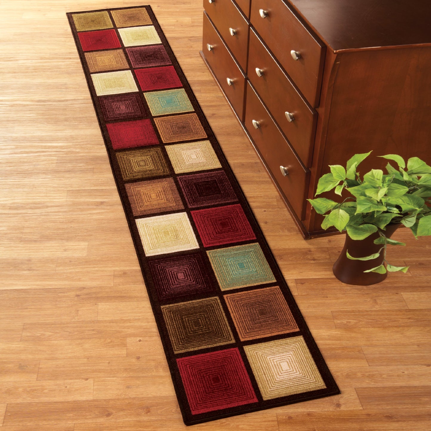 Optic Squares Runner Rug in Deep, Rich Hues - Skid-Resistant 1'8" x 7'6"