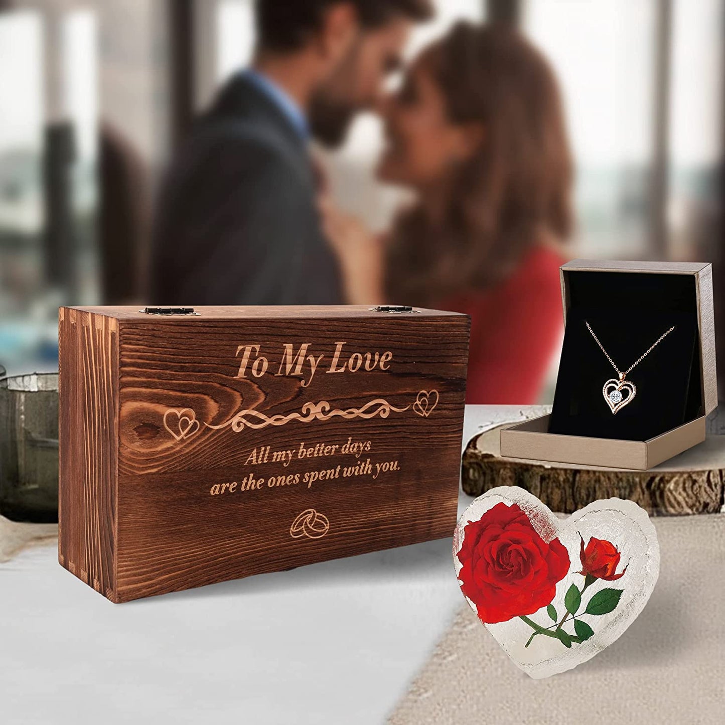 Preserved Red Real Rose Engraved White Wooden Gift Set - Valentines Day Gifts For Her