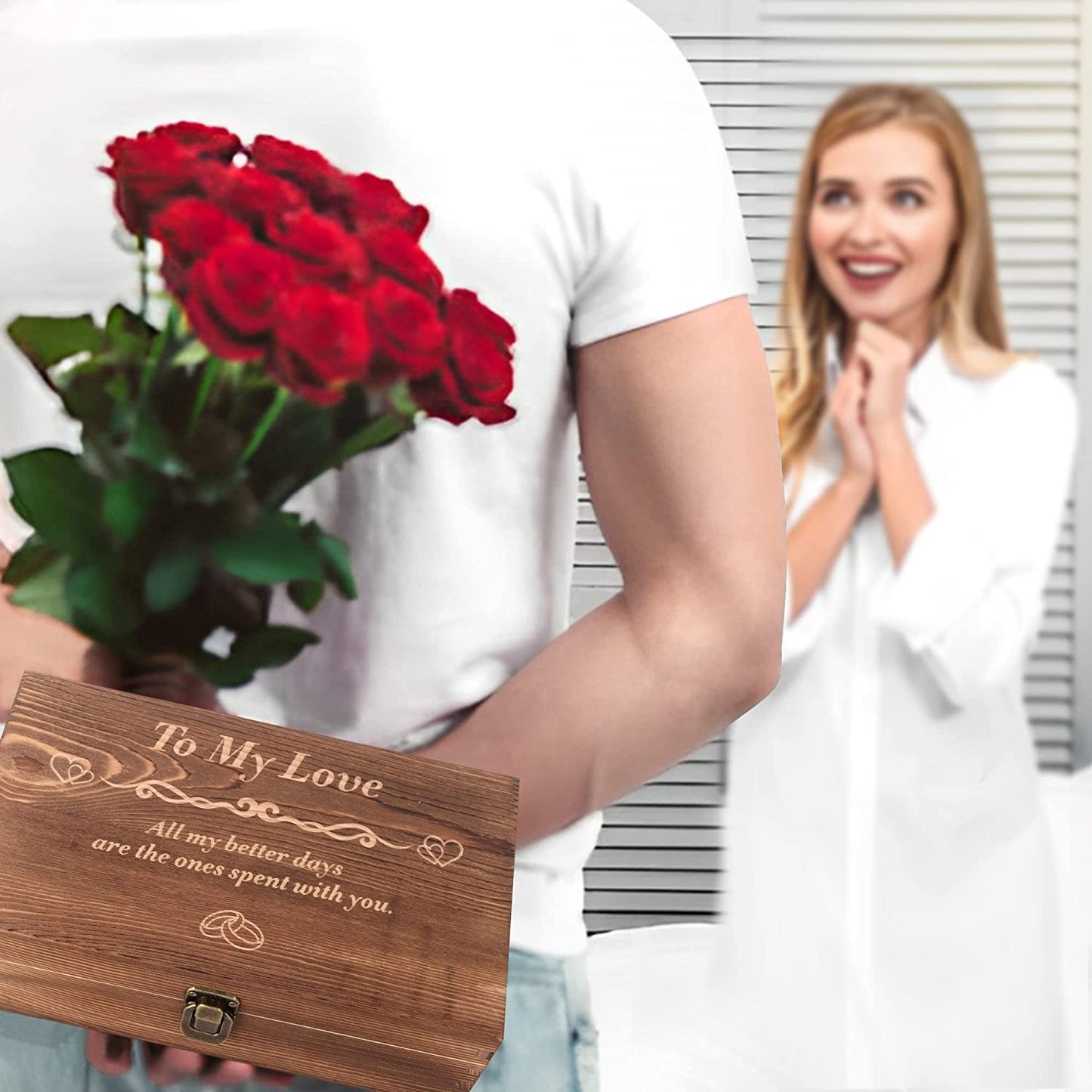 Preserved Red Real Rose Engraved White Wooden Gift Set - Valentines Day Gifts For Her