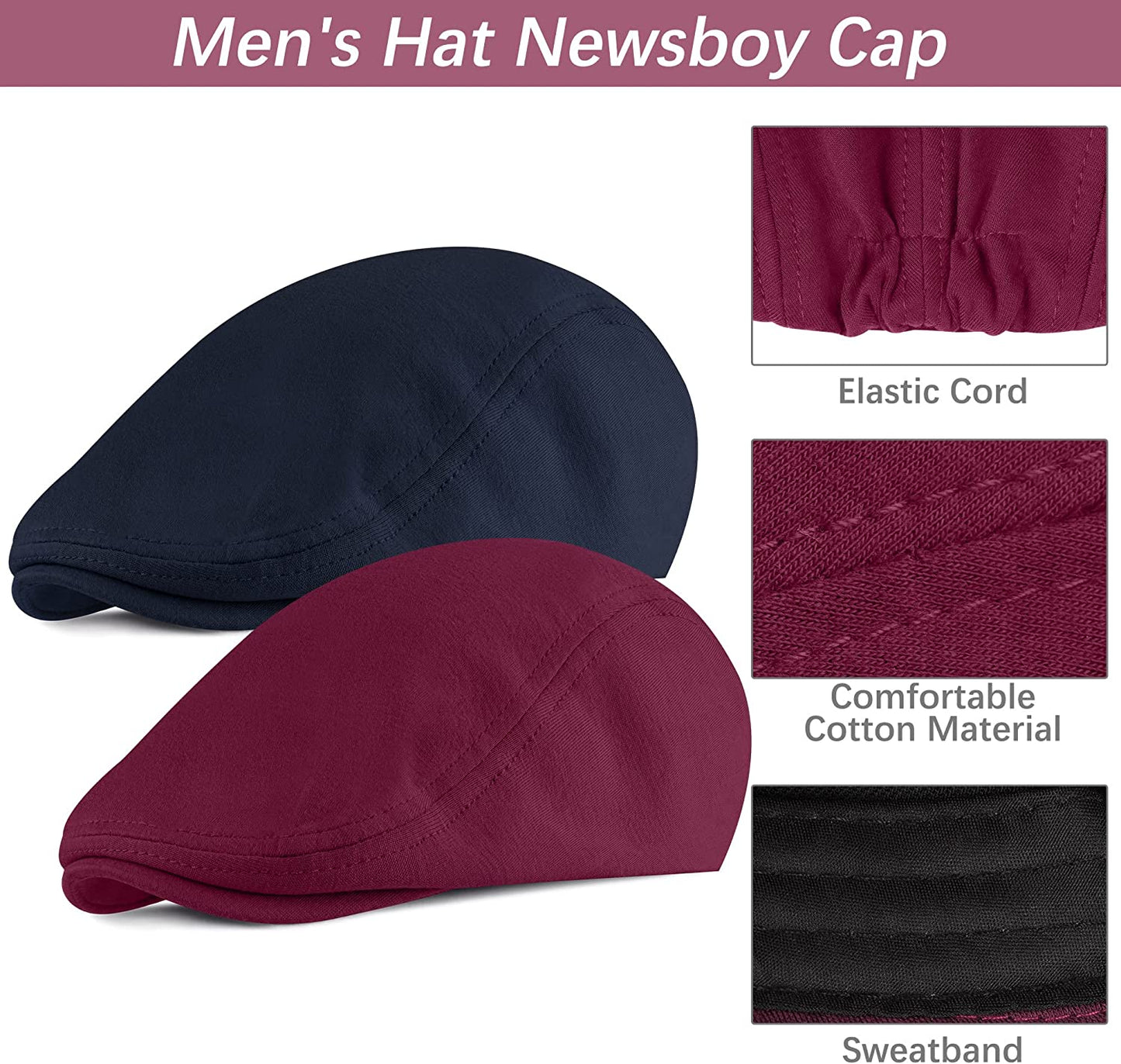 4 Piece Newsboy Men's Hat: Dark Grey-Navy Blue, Black, Wine