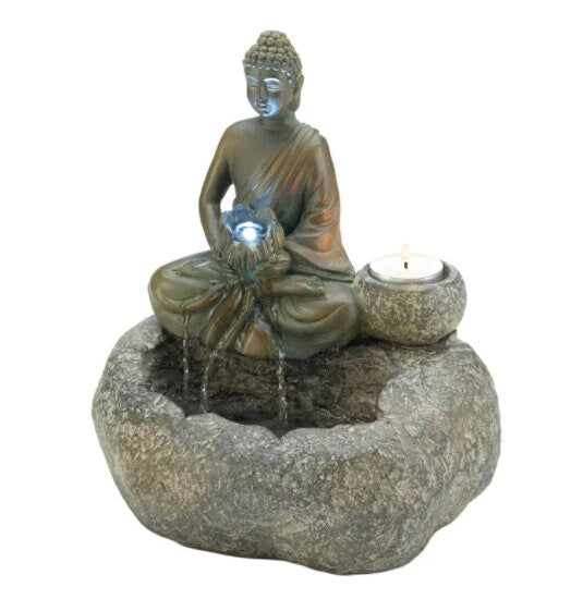 Buddha Tabletop Water Fountain with Tea light Candle Holder and Lotus Flower LED Bulb 10.2"