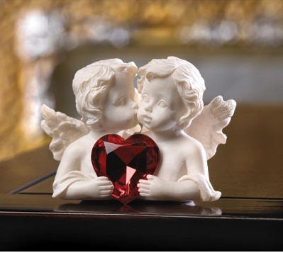 Innocent Love, Pure White Cherub Figurine With Red Crystal Heart For Valentine's Day Gift Ideas For Her