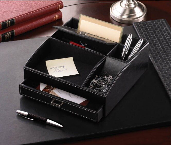 Black Faux Leather Box, Catch all Tray Table Organizer, 6 Compartments