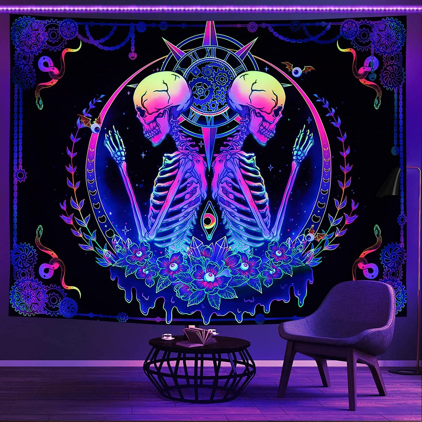 Blacklight Tapestry UV Reactive Skelton Wall Psychedelic Celestial Home Decor(59.1"x78.7")