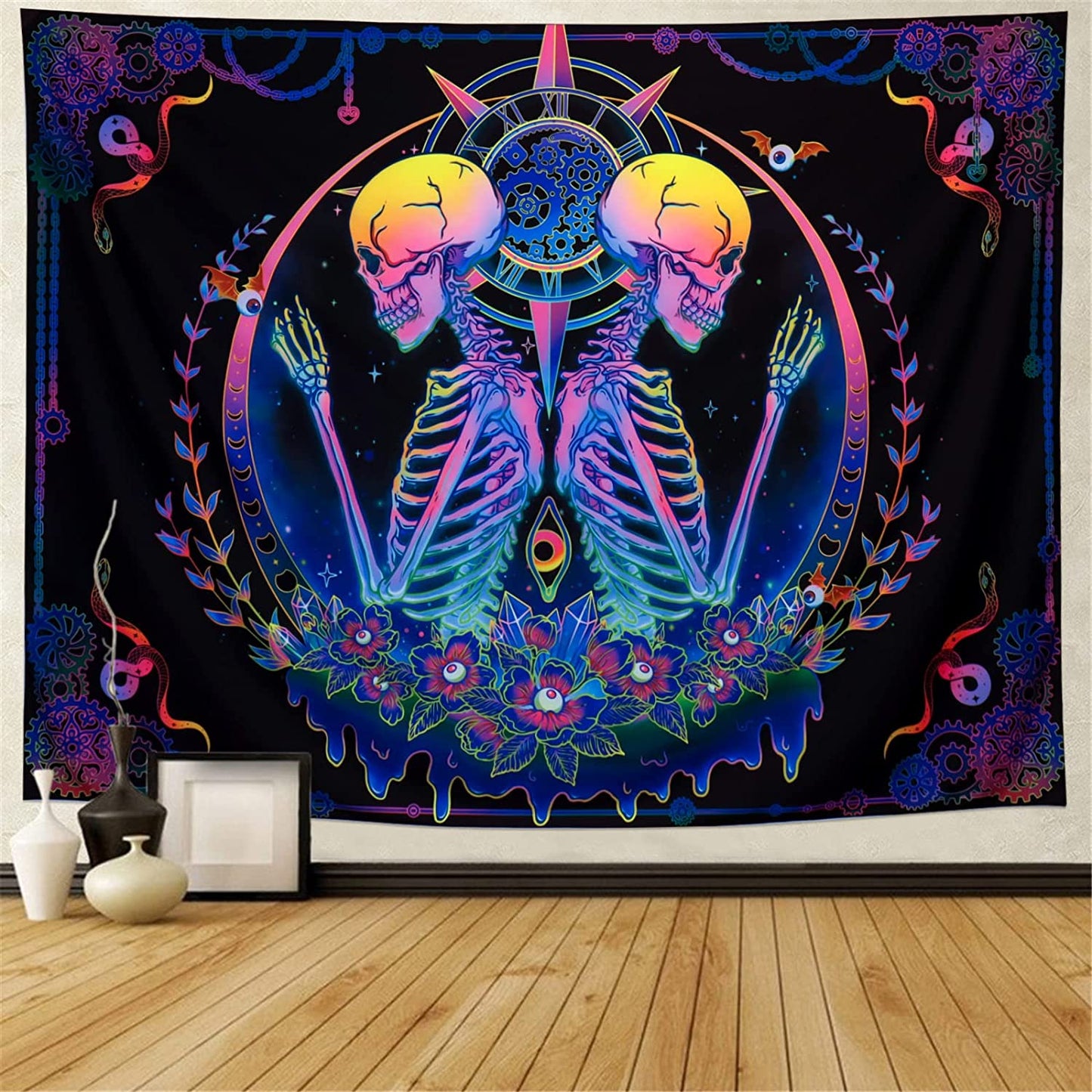 Blacklight Tapestry UV Reactive Skelton Wall Psychedelic Celestial Home Decor(59.1"x78.7")