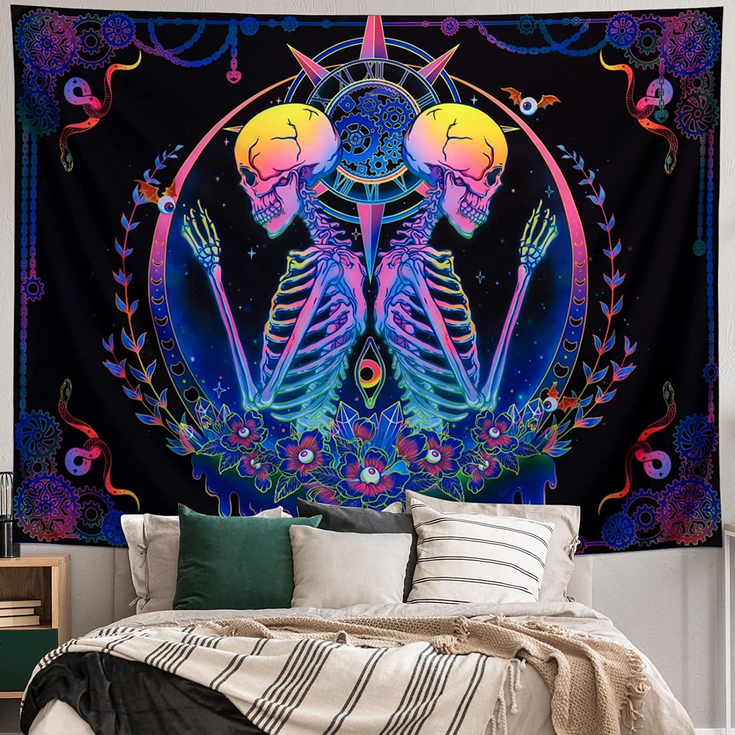 Blacklight Tapestry UV Reactive Skelton Wall Psychedelic Celestial Home Decor(59.1"x78.7")