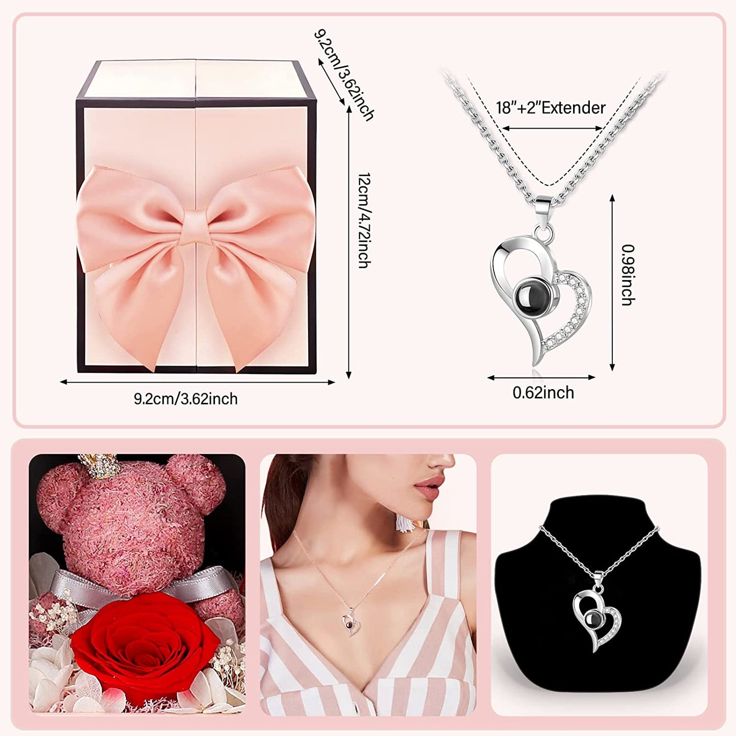 Valentines Day Gifts for Her Cute Preserved Real Red Rose Bear Gifts Box w/ I Love You Necklace