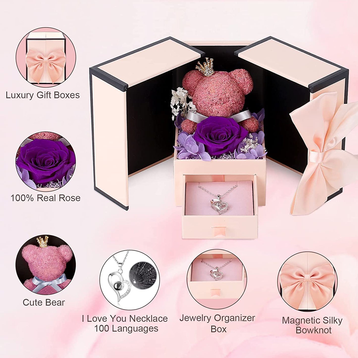 Cute Preserved Real Purple Rose Bear Gifts Box with I Love You Necklace Valentines Day Gift for Her