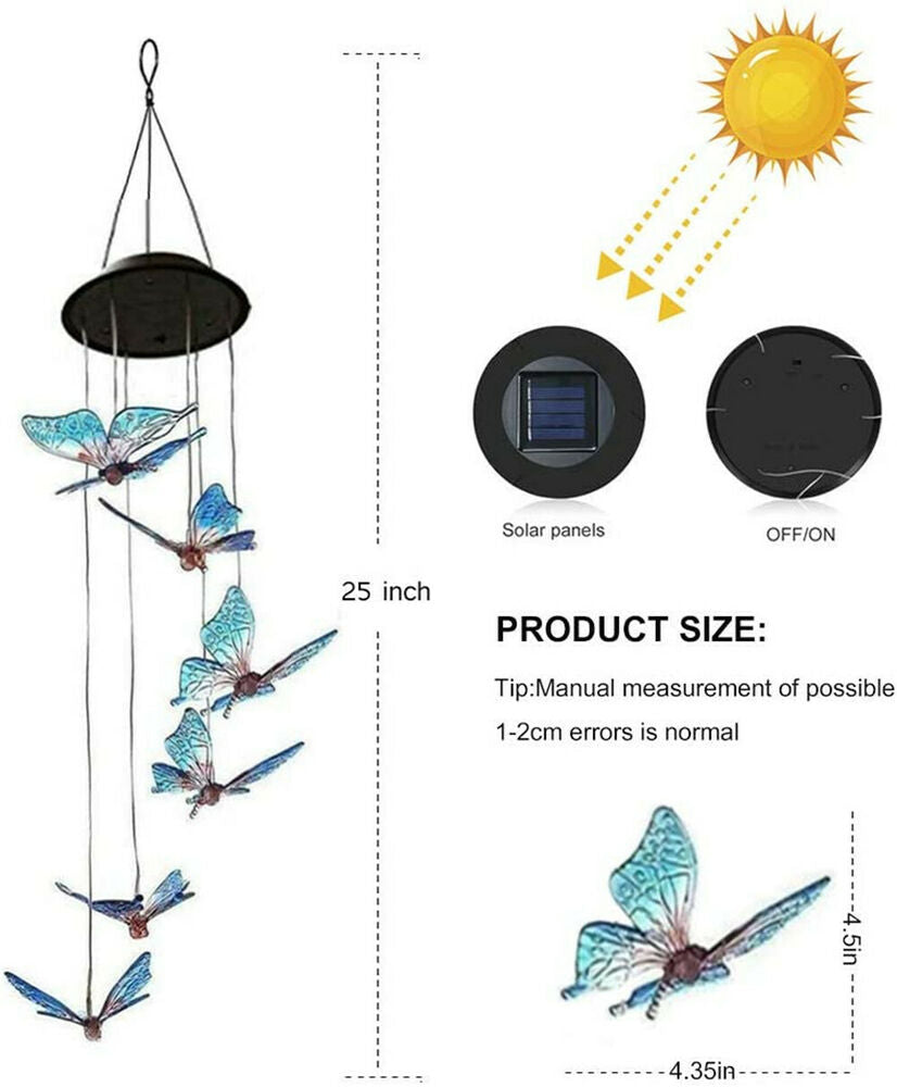 Solar LED Garden Outdoor Wind Chimes Color Changing Lights Hanging butterfly