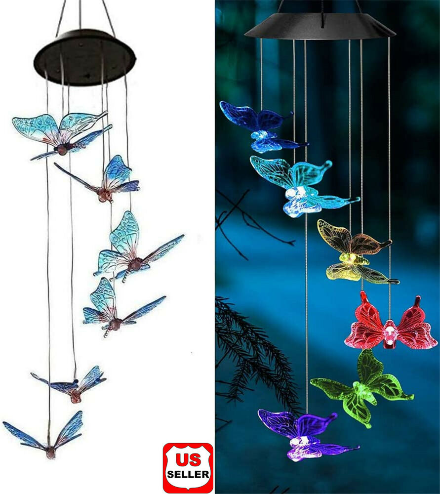 Solar LED Garden Outdoor Wind Chimes Color Changing Lights Hanging butterfly