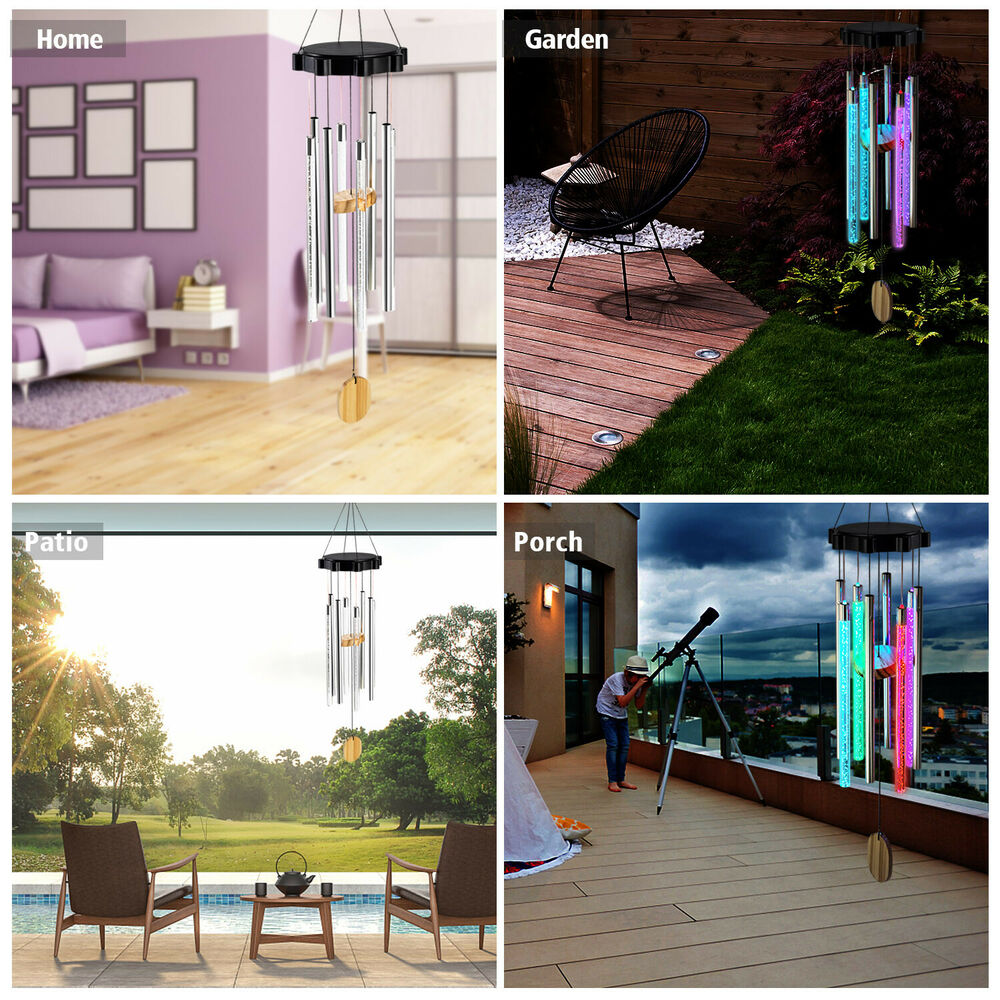 Color Changing Solar Wind Chimes LED Lights Large Deep Tone Resonant Bell Tubes