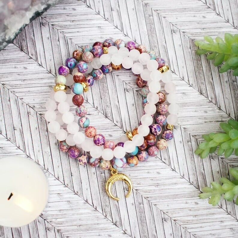 108 Mala Beads Gemstone Rose Quartz Healing Meditation Women Bracelet Necklace